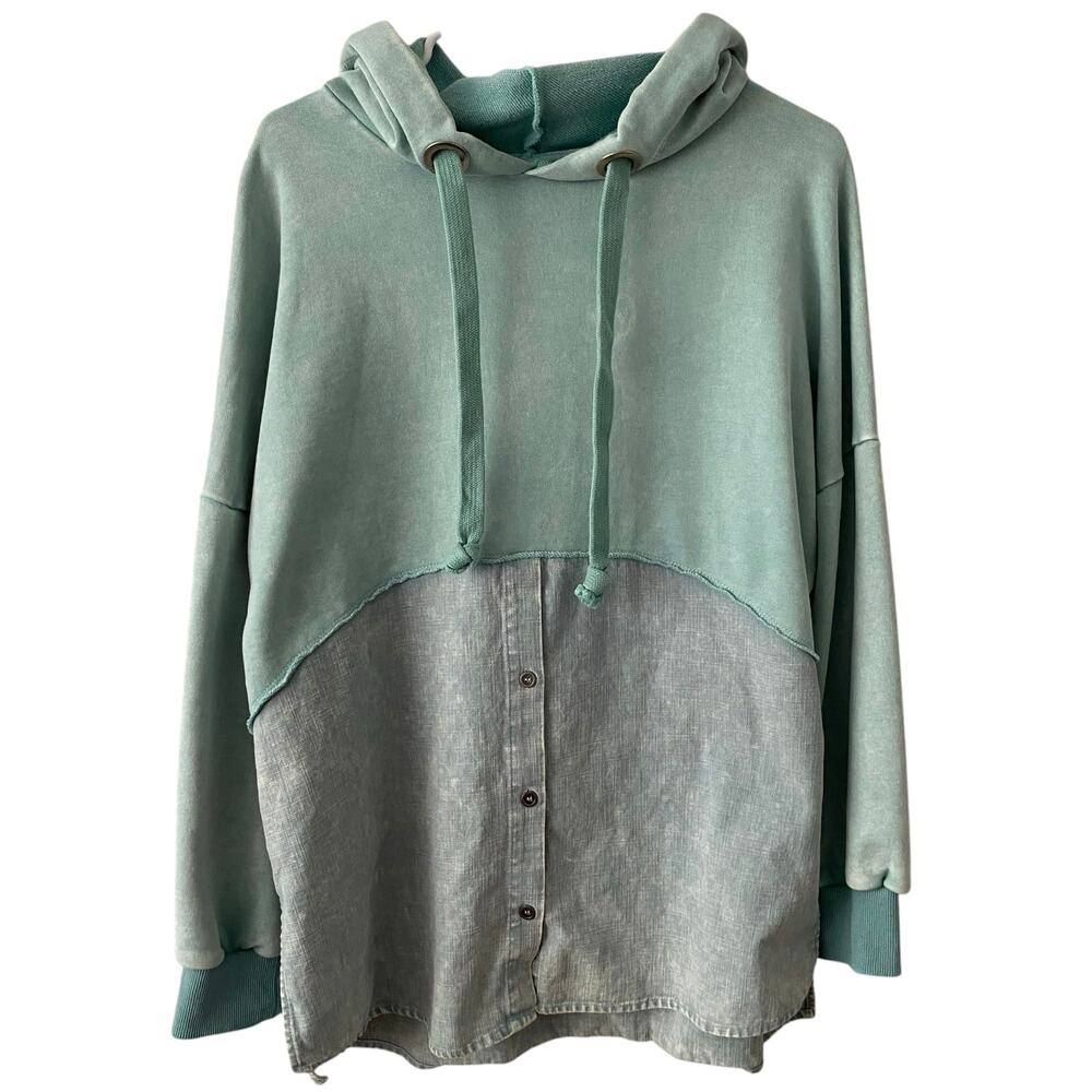 LIGHT FLAW LIKE LOVE Teal Mixed Media Hoodie Sweater Size Medium Cozy Loungewear